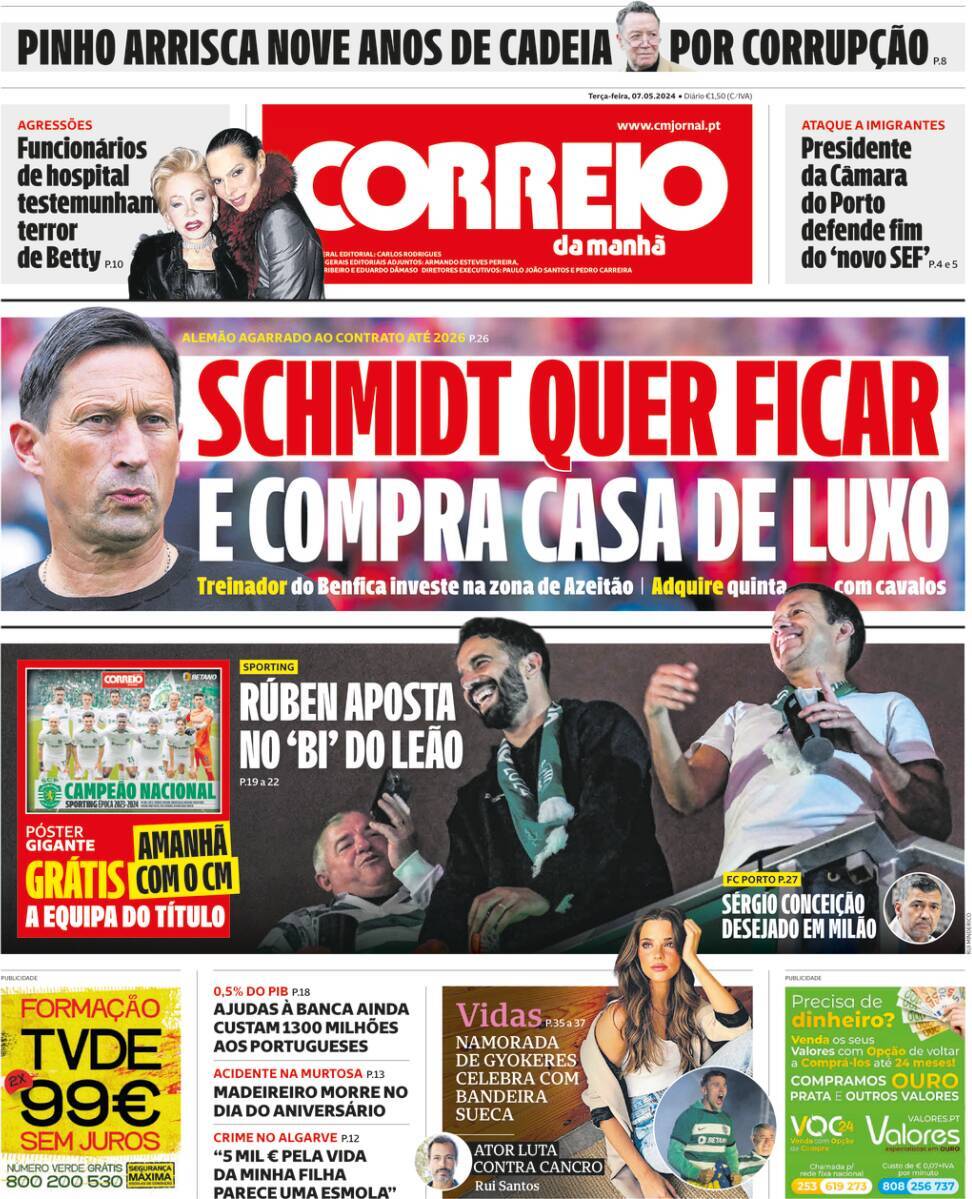 Correio da Manh&atilde;: Capa da Edi&ccedil;&atilde;o de ter&ccedil;a-feira, 07 de maio 2024