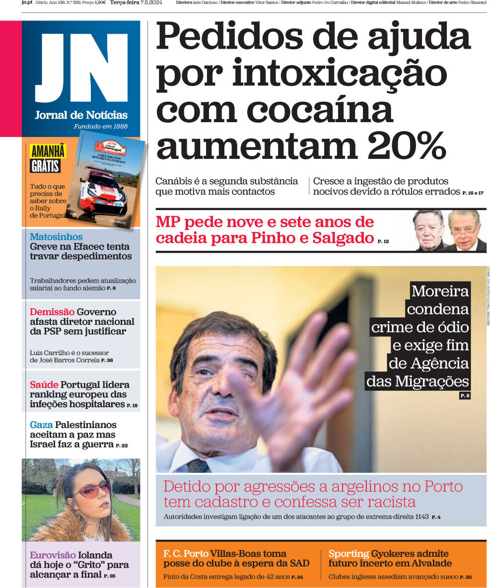 Jornal de Not&iacute;cias: Capa da Edi&ccedil;&atilde;o de ter&ccedil;a-feira, 07 de maio 2024