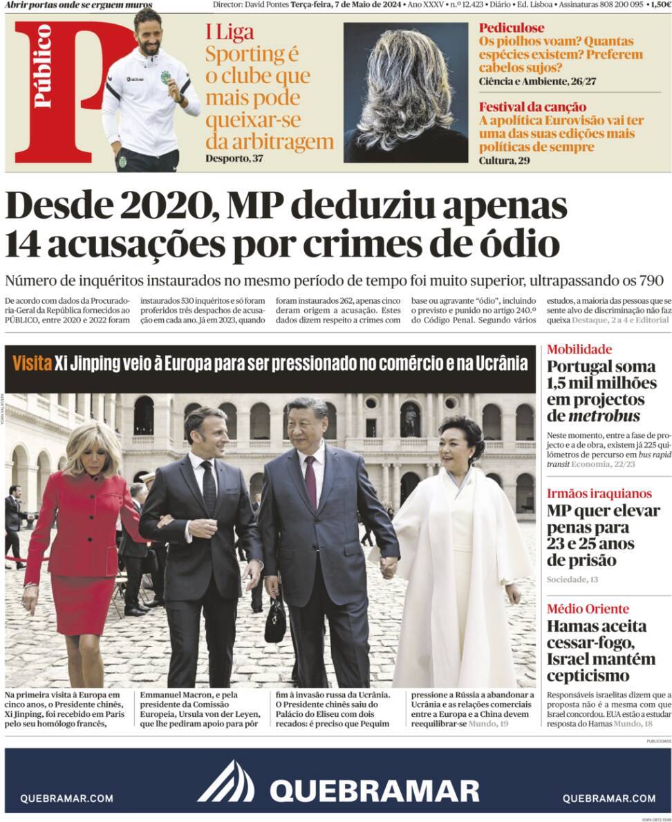 P&uacute;blico: Capa da Edi&ccedil;&atilde;o de ter&ccedil;a-feira, 07 de maio 2024