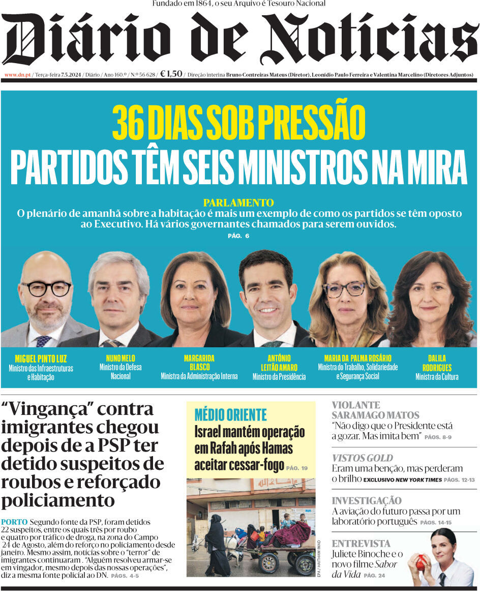 Di&aacute;rio de Not&iacute;cias: Capa da Edi&ccedil;&atilde;o de ter&ccedil;a-feira, 07 de maio 2024