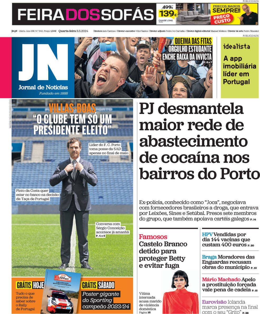 Jornal de Not&iacute;cias: Capa da Edi&ccedil;&atilde;o de quarta-feira, 08 de maio 2024