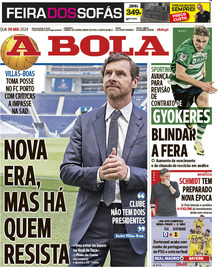 A Bola: Capa da Edi&ccedil;&atilde;o de quarta-feira, 08 de maio 2024