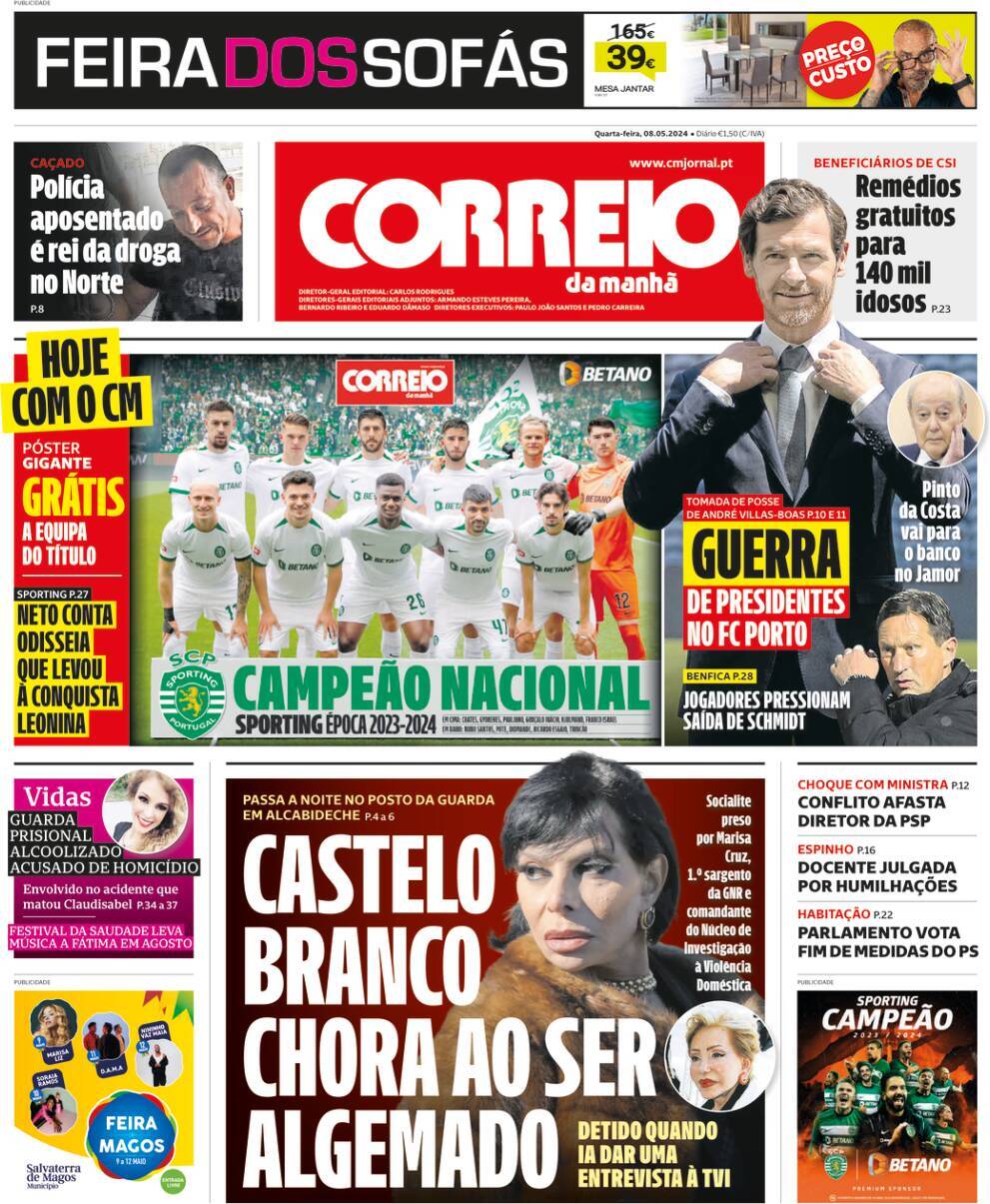 Correio da Manh&atilde;: Capa da Edi&ccedil;&atilde;o de quarta-feira, 08 de maio 2024