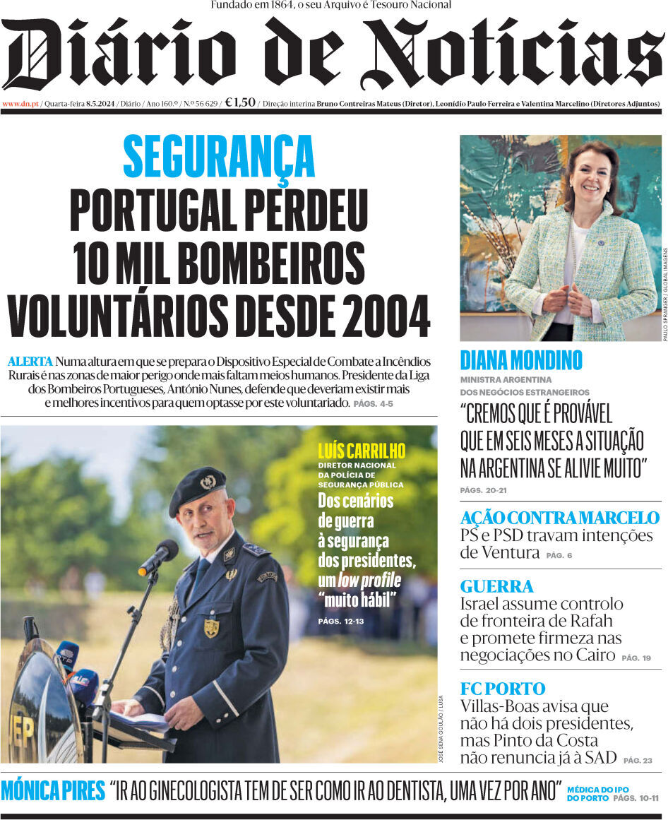 Di&aacute;rio de Not&iacute;cias: Capa da Edi&ccedil;&atilde;o de quarta-feira, 08 de maio 2024