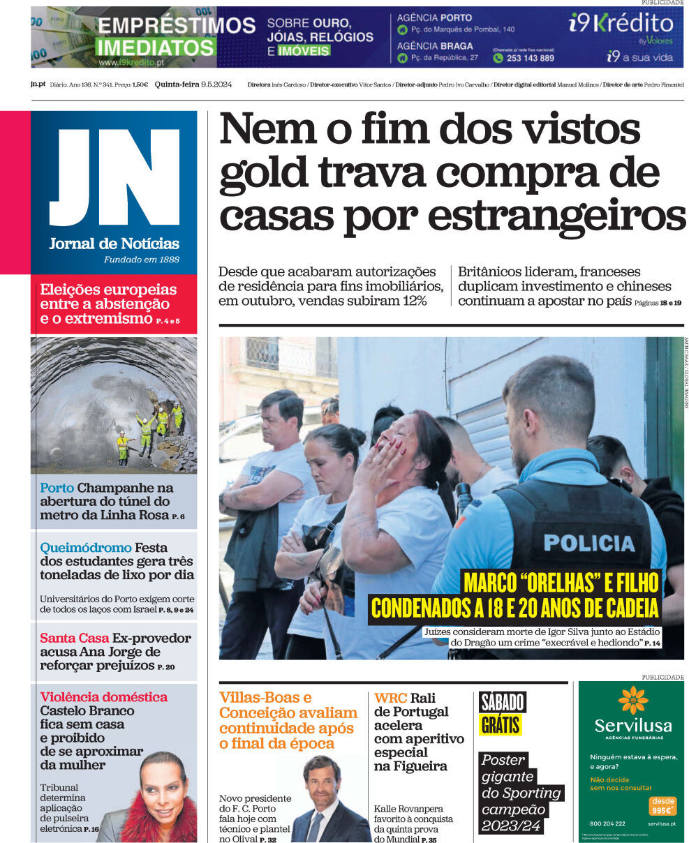 Jornal de Not&iacute;cias: Capa da Edi&ccedil;&atilde;o de quinta-feira, 09 de maio 2024