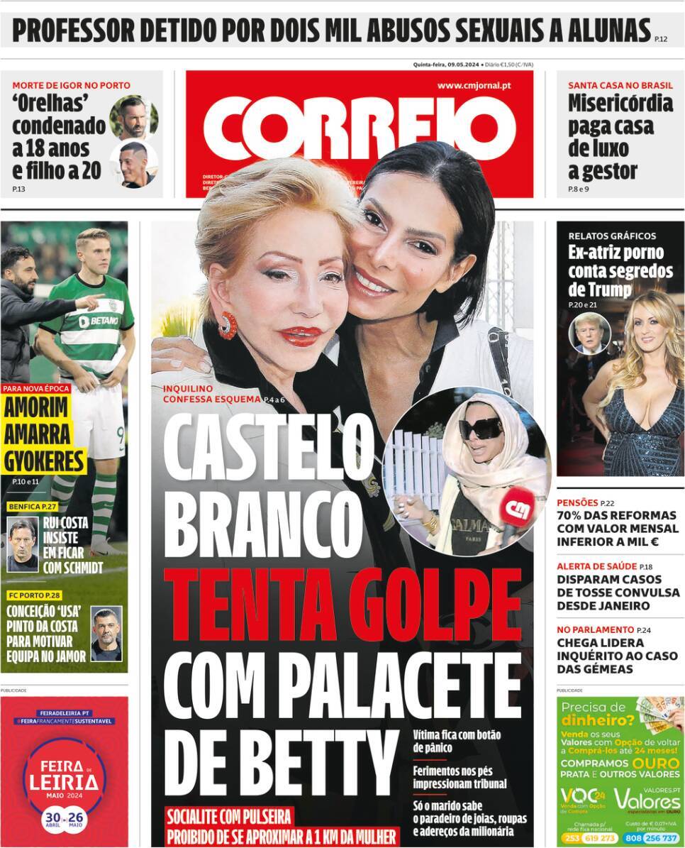 Correio da Manh&atilde;: Capa da Edi&ccedil;&atilde;o de quinta-feira, 09 de maio 2024