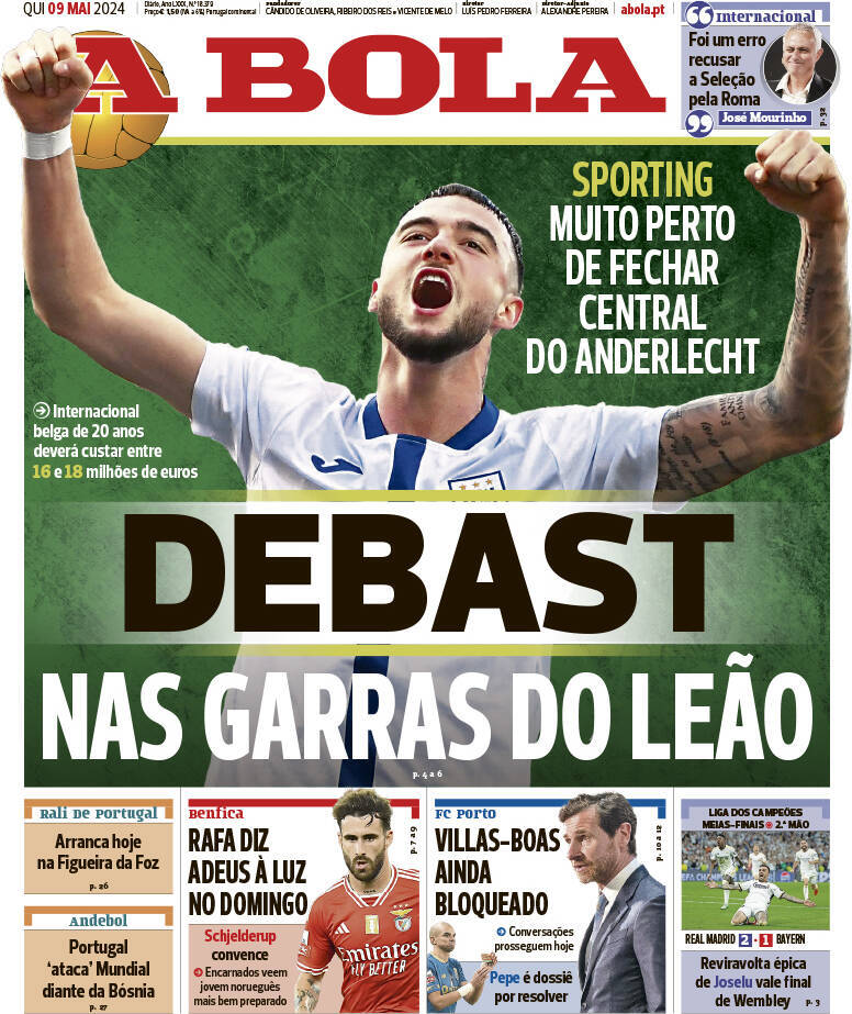 A Bola: Capa da Edi&ccedil;&atilde;o de quinta-feira, 09 de maio 2024