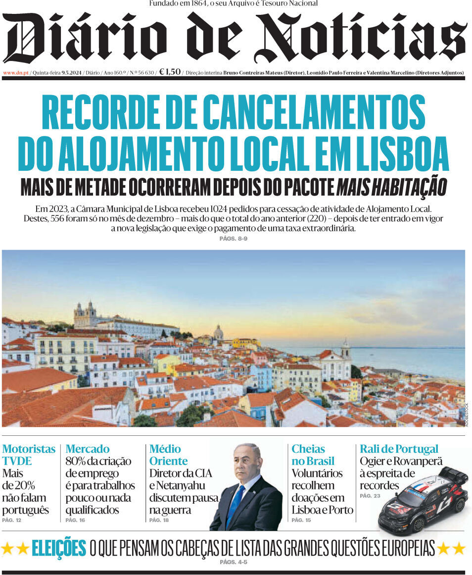 Di&aacute;rio de Not&iacute;cias: Capa da Edi&ccedil;&atilde;o de quinta-feira, 09 de maio 2024