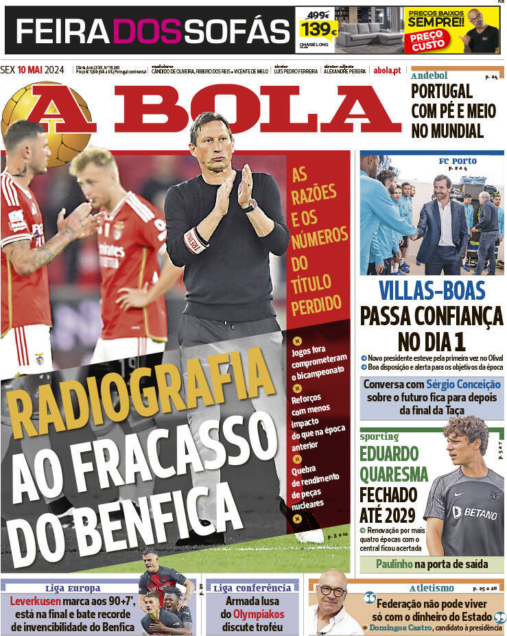 A Bola: Capa da Edi&ccedil;&atilde;o de sexta-feira, 10 de maio 2024