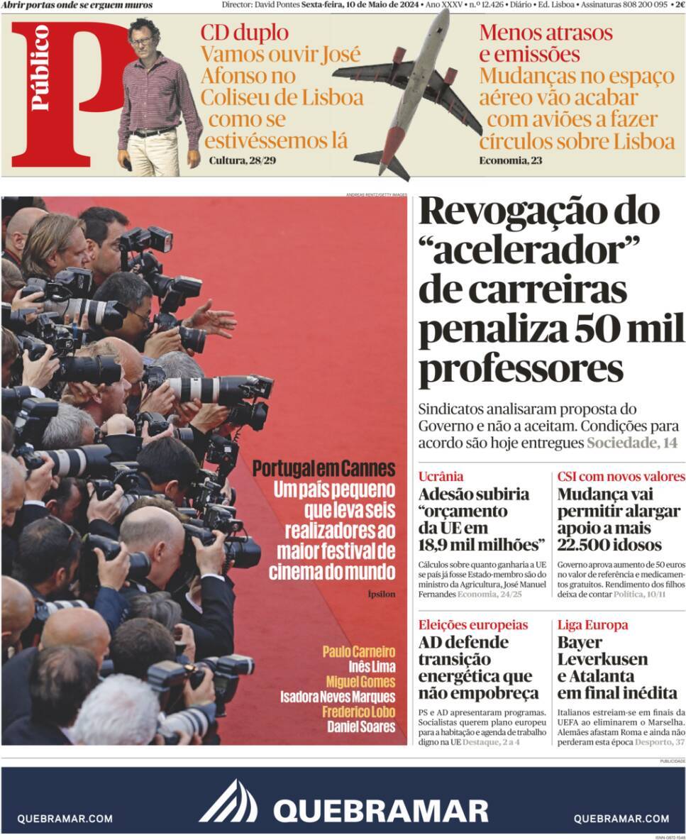 P&uacute;blico: Capa da Edi&ccedil;&atilde;o de sexta-feira, 10 de maio 2024