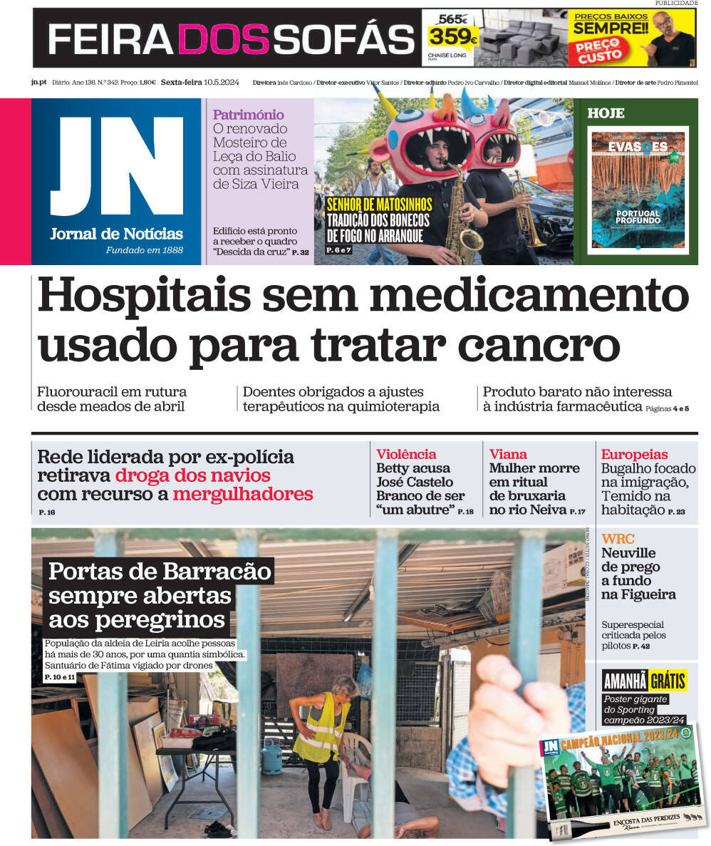 Jornal de Not&iacute;cias: Capa da Edi&ccedil;&atilde;o de sexta-feira, 10 de maio 2024