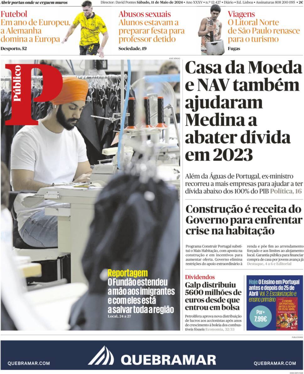 P&uacute;blico: Capa da Edi&ccedil;&atilde;o de s&aacute;bado, 11 de maio 2024