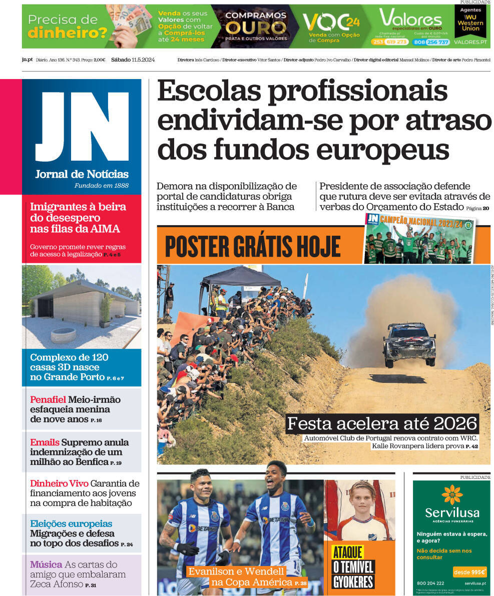Jornal de Not&iacute;cias: Capa da Edi&ccedil;&atilde;o de s&aacute;bado, 11 de maio 2024