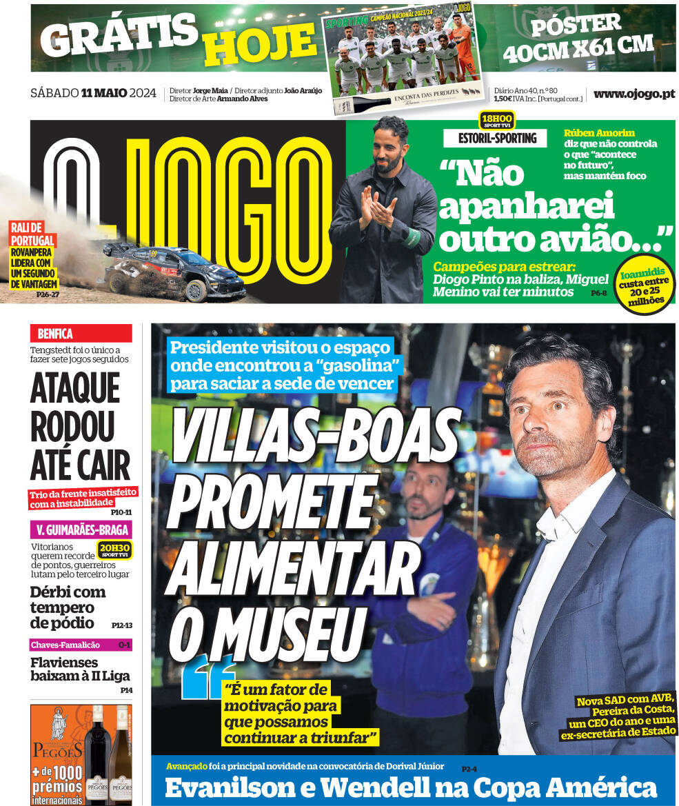 O Jogo: Capa da Edi&ccedil;&atilde;o de s&aacute;bado, 11 de maio 2024