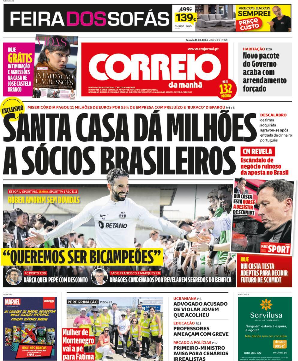 Correio da Manh&atilde;: Capa da Edi&ccedil;&atilde;o de s&aacute;bado, 11 de maio 2024