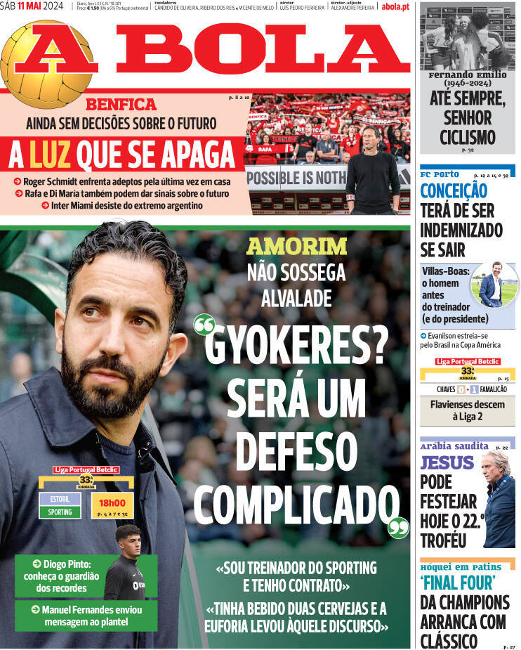 A Bola: Capa da Edi&ccedil;&atilde;o de s&aacute;bado, 11 de maio 2024