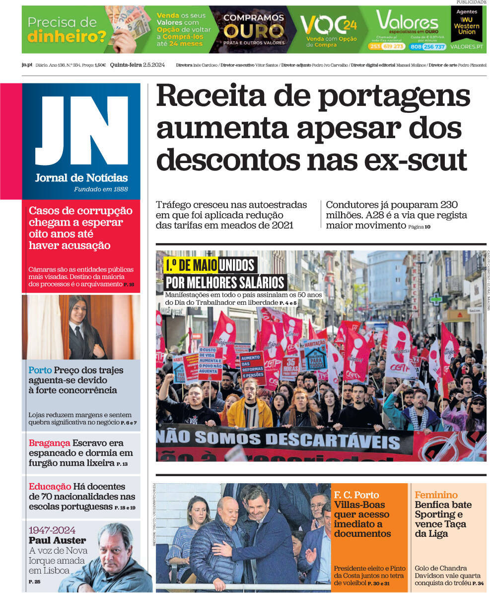 Jornal de Not&iacute;cias: Capa da Edi&ccedil;&atilde;o de quinta-feira, 02 de maio 2024