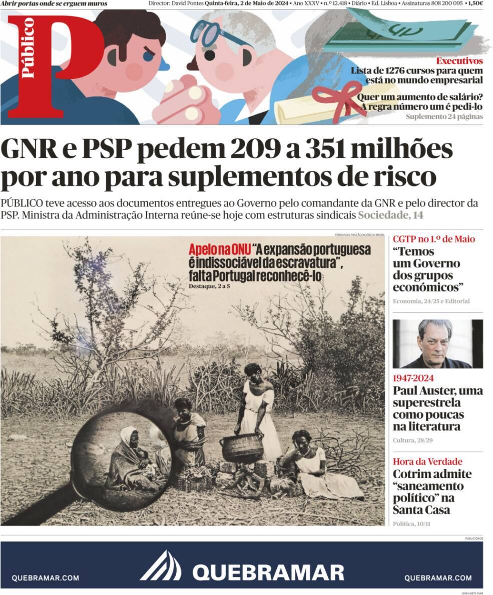 P&uacute;blico: Capa da Edi&ccedil;&atilde;o de quinta-feira, 02 de maio 2024