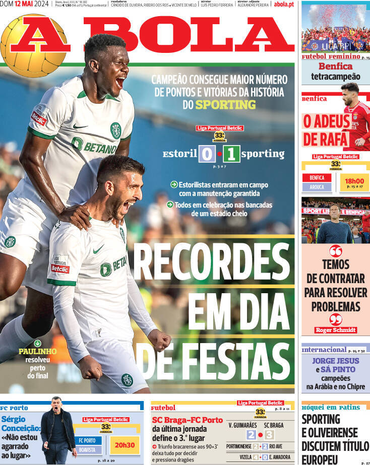 A Bola: Capa da Edi&ccedil;&atilde;o de domingo, 12 de maio 2024