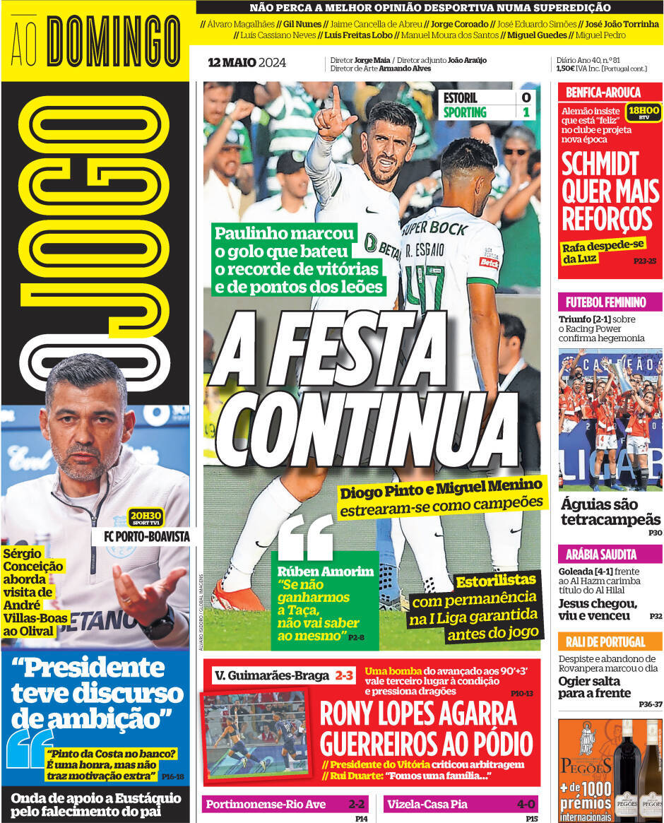 O Jogo: Capa da Edi&ccedil;&atilde;o de domingo, 12 de maio 2024