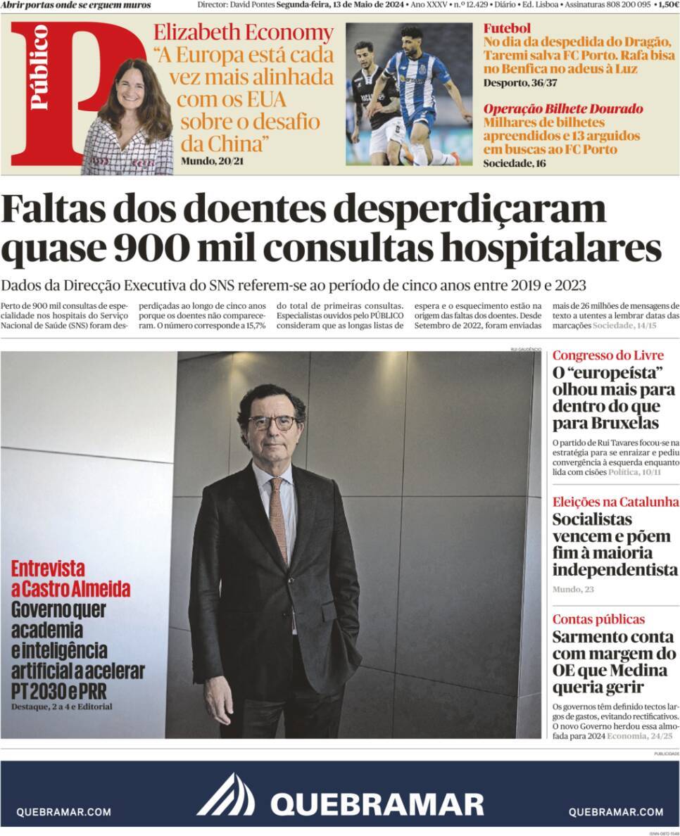 Jornal de Not&iacute;cias: Capa da Edi&ccedil;&atilde;o de segunda-feira, 13 de maio 2024