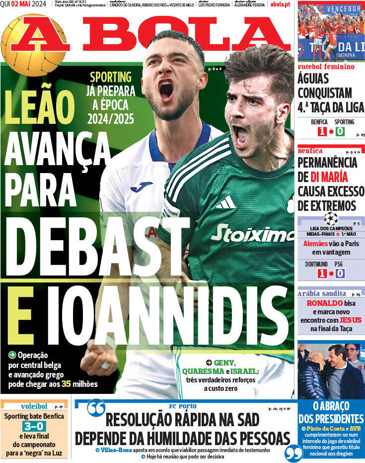 A Bola: Capa da Edi&ccedil;&atilde;o de quinta-feira, 02 de maio 2024