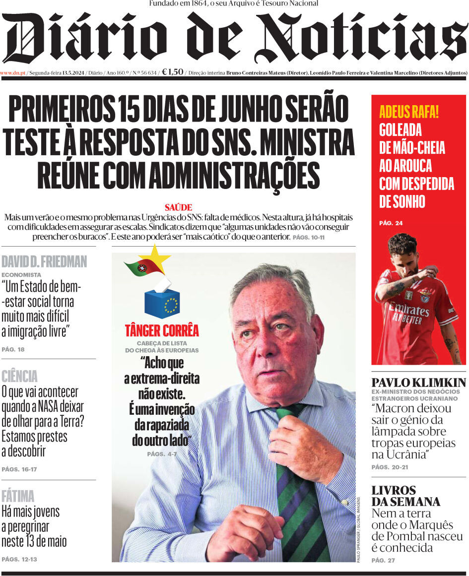Di&aacute;rio de Not&iacute;cias: Capa da Edi&ccedil;&atilde;o de segunda-feira, 13 de maio 2024