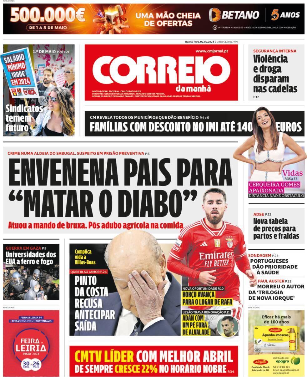 Correio da Manh&atilde;: Capa da Edi&ccedil;&atilde;o de quinta-feira, 02 de maio 2024