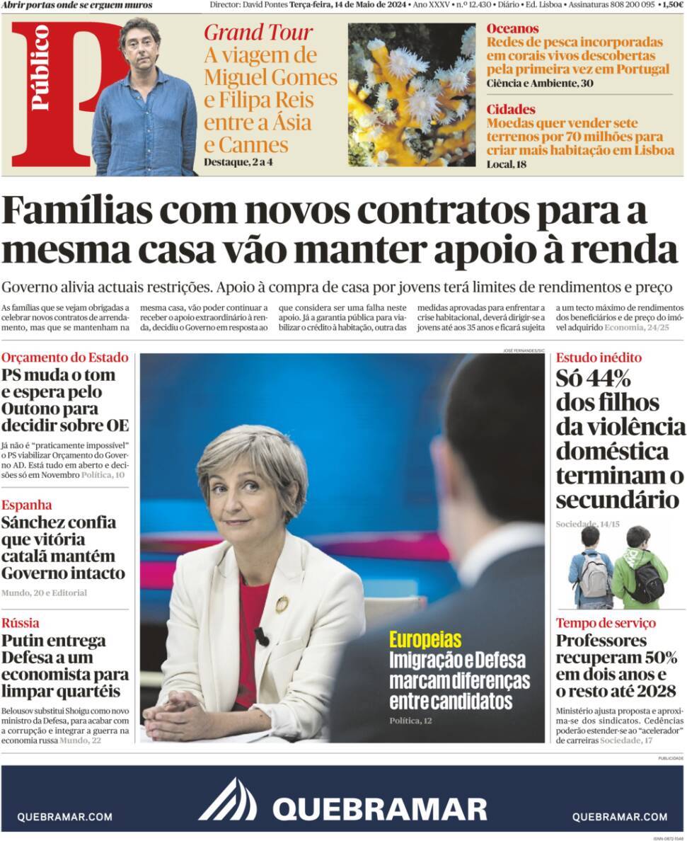 P&uacute;blico: Capa da Edi&ccedil;&atilde;o de ter&ccedil;a-feira, 14 de maio 2024
