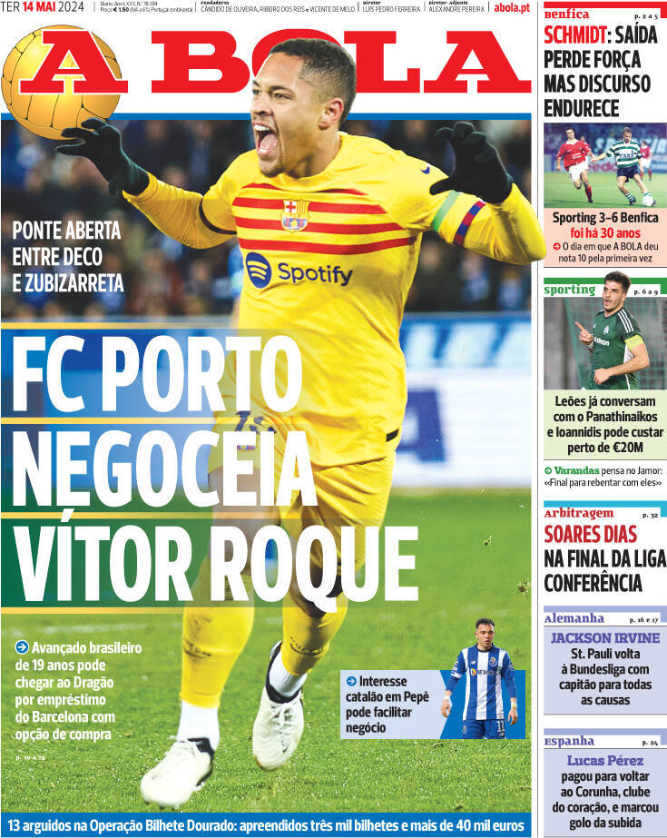 A Bola: Capa da Edi&ccedil;&atilde;o de ter&ccedil;a-feira, 14 de maio 2024