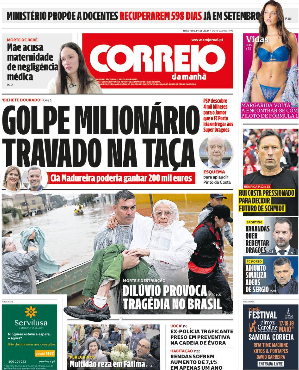 Correio da Manh&atilde;: Capa da Edi&ccedil;&atilde;o de ter&ccedil;a-feira, 14 de maio 2024