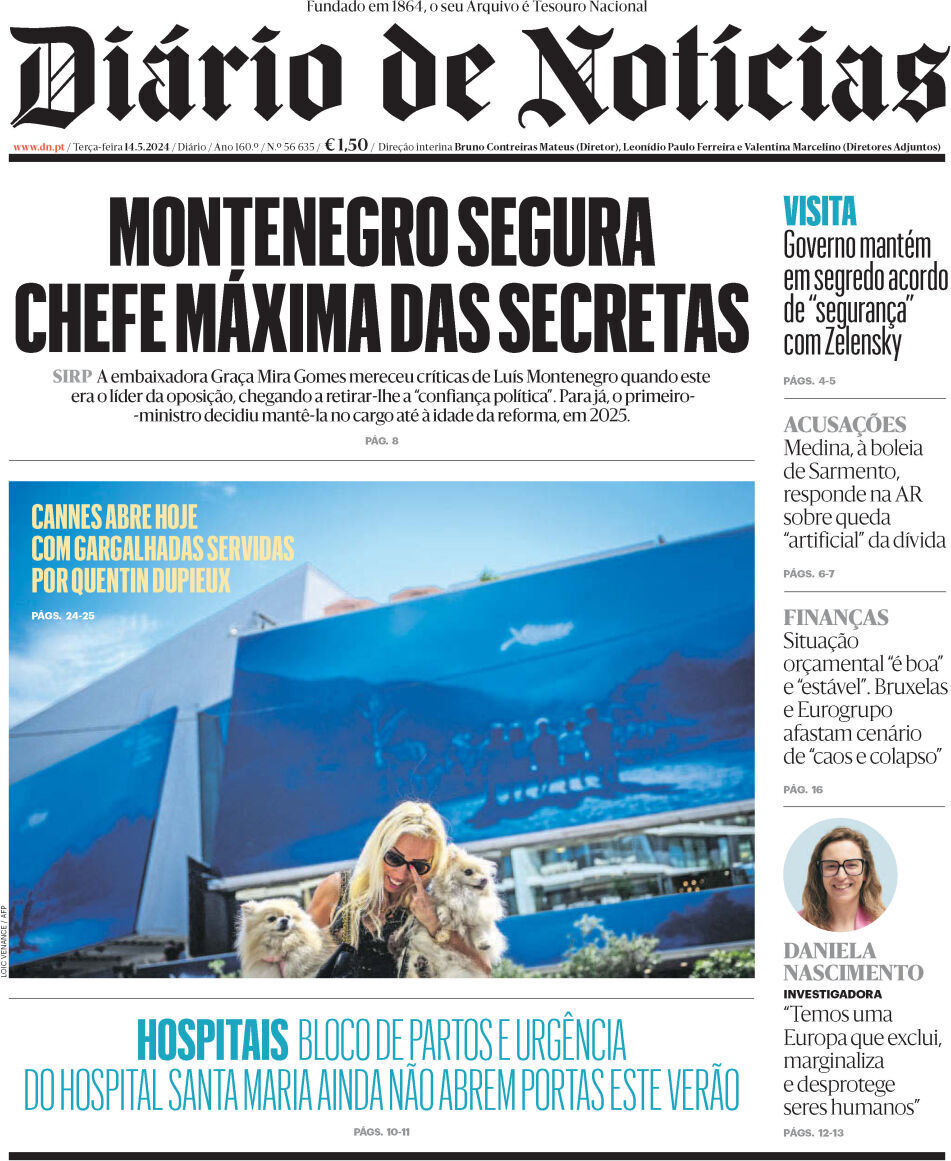 Di&aacute;rio de Not&iacute;cias: Capa da Edi&ccedil;&atilde;o de ter&ccedil;a-feira, 14 de maio 2024