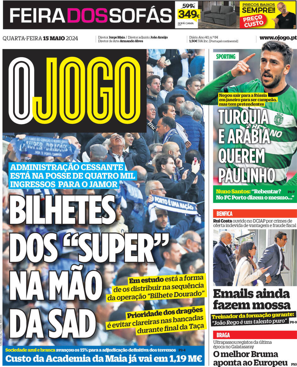 O Jogo: Capa da Edi&ccedil;&atilde;o de quarta-feira, 15 de maio 2024