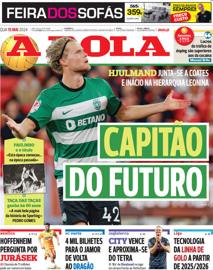 A Bola: Capa da Edi&ccedil;&atilde;o de quarta-feira, 15 de maio 2024