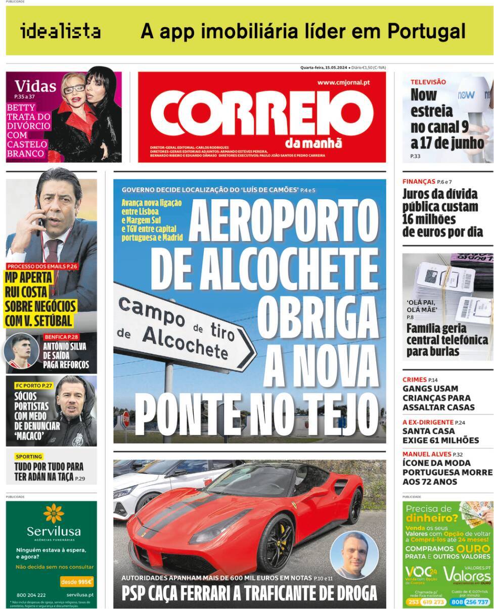 Correio da Manh&atilde;: Capa da Edi&ccedil;&atilde;o de quarta-feira, 15 de maio 2024