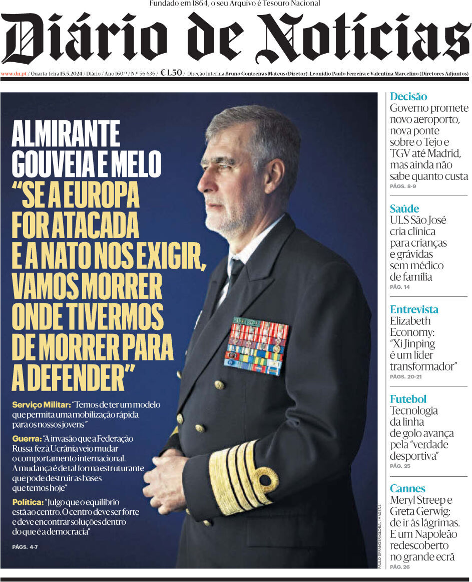 Di&aacute;rio de Not&iacute;cias: Capa da Edi&ccedil;&atilde;o de quarta-feira, 15 de maio 2024