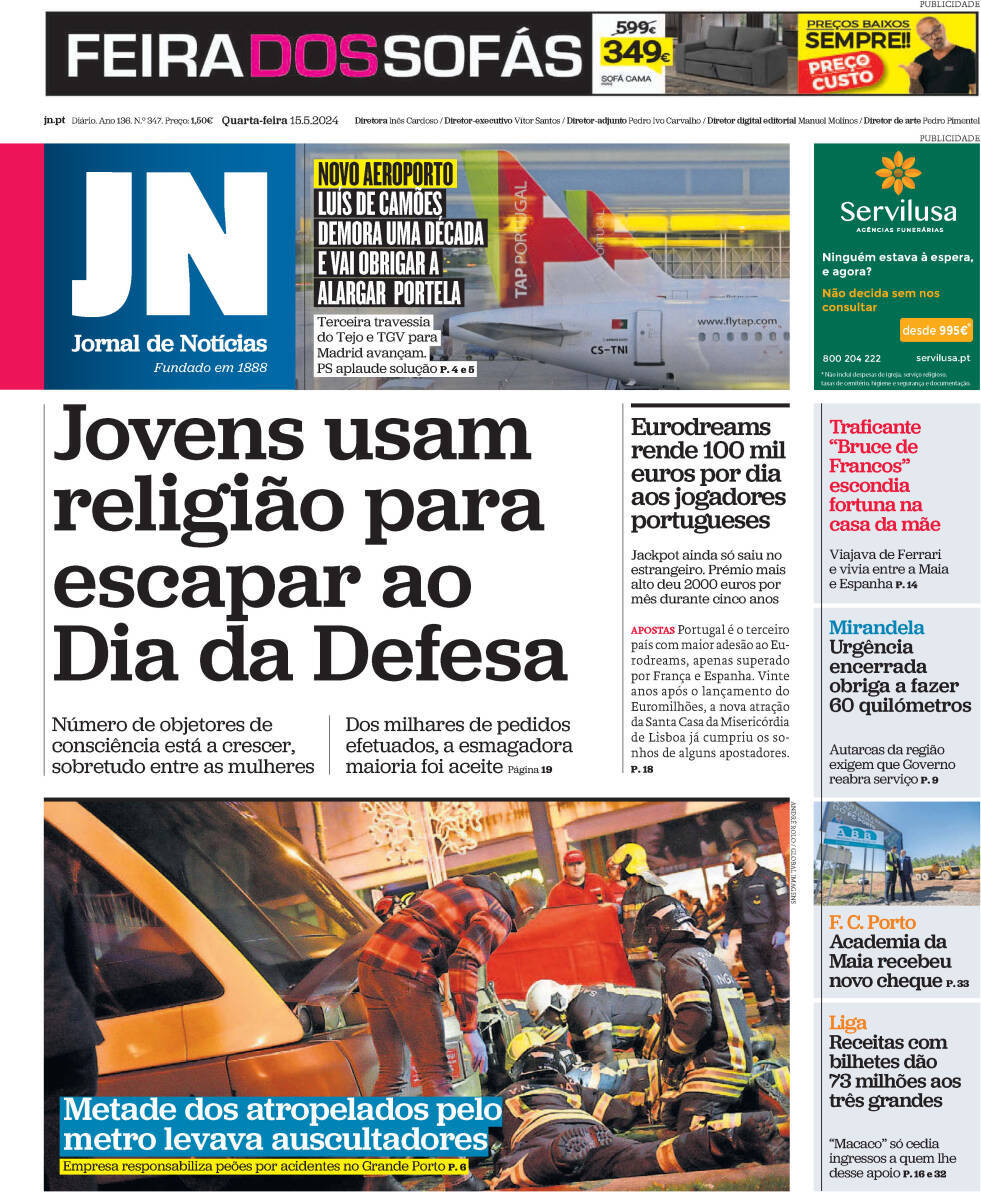 Jornal de Not&iacute;cias: Capa da Edi&ccedil;&atilde;o de quarta-feira, 15 de maio 2024