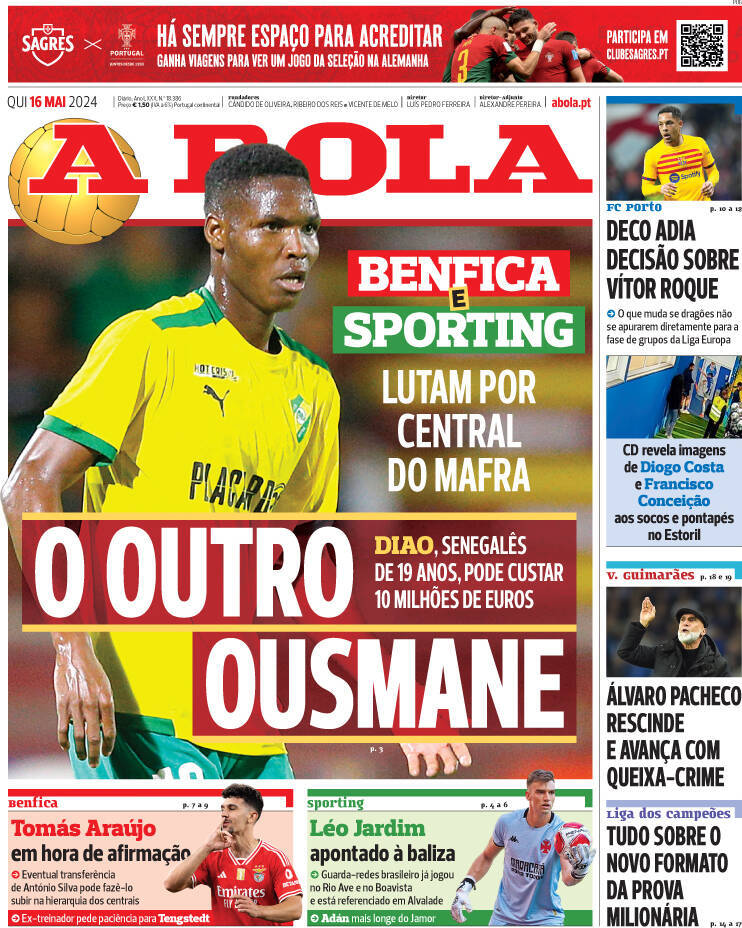 A Bola: Capa da Edi&ccedil;&atilde;o de quinta-feira, 16 de maio 2024