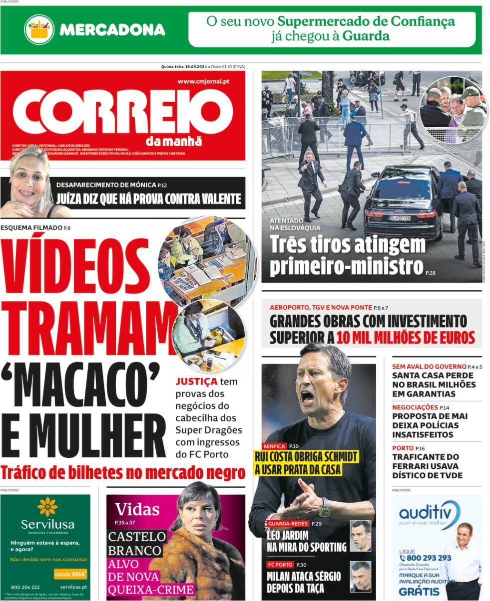 Correio da Manh&atilde;: Capa da Edi&ccedil;&atilde;o de quinta-feira, 16 de maio 2024