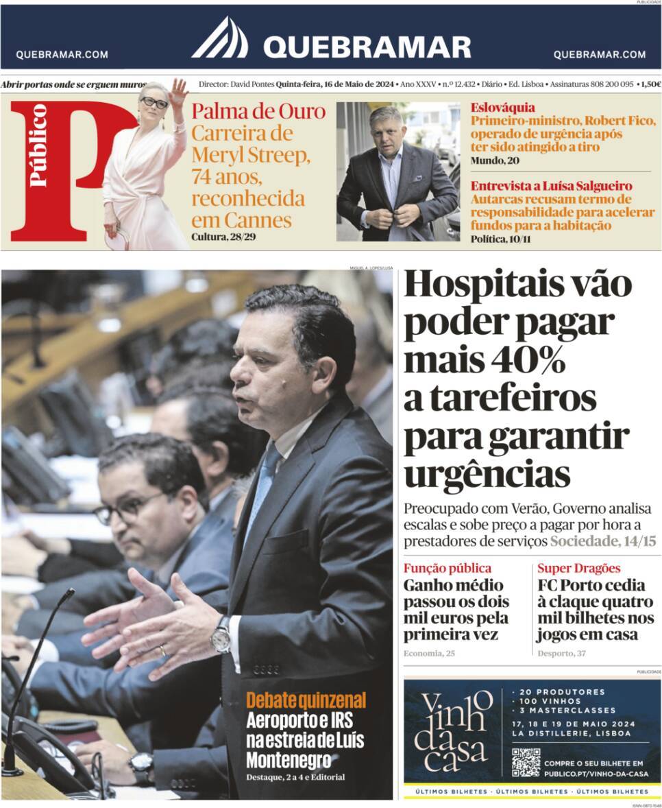 P&uacute;blico: Capa da Edi&ccedil;&atilde;o de quinta-feira, 16 de maio 2024