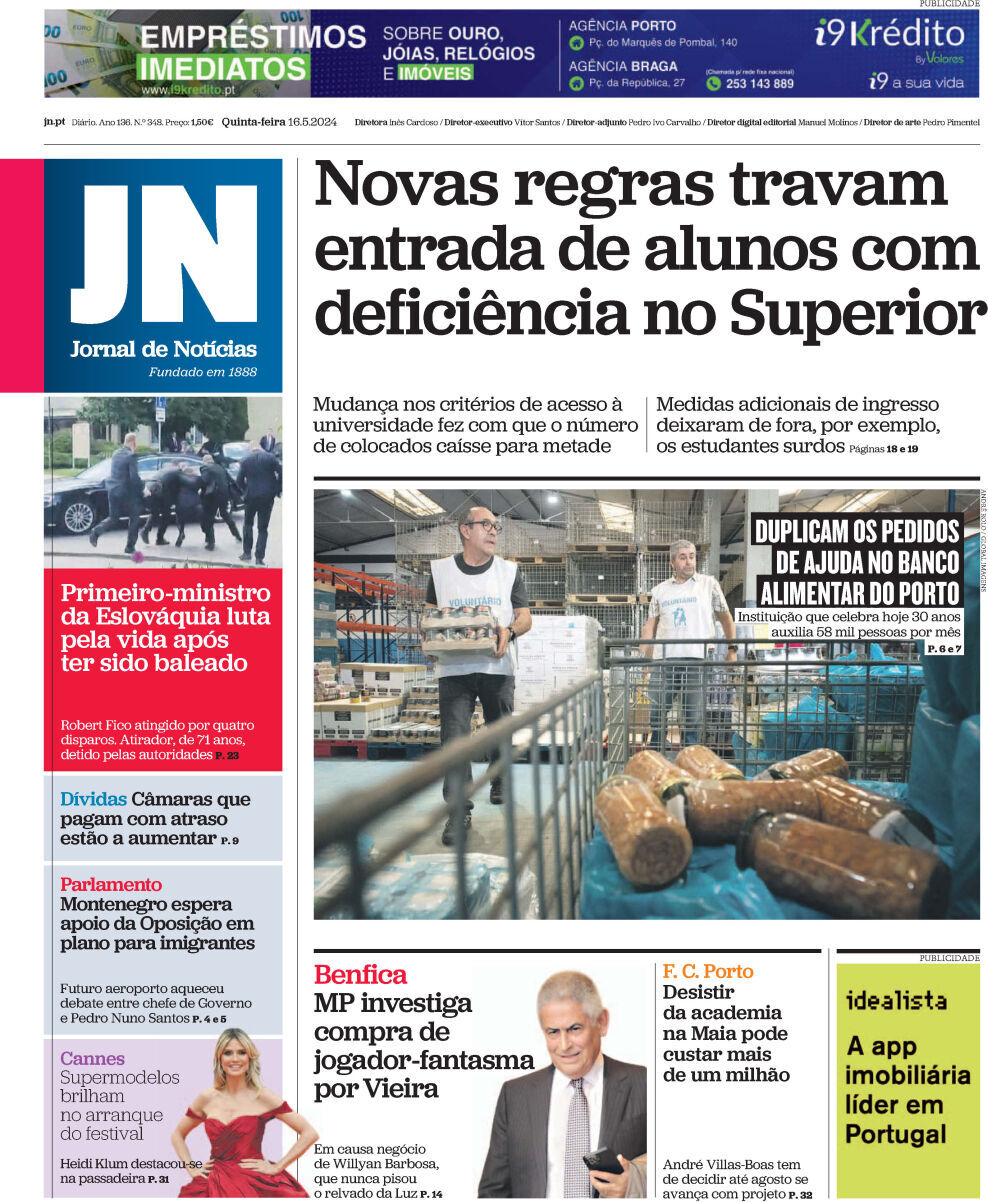 Jornal de Not&iacute;cias: Capa da Edi&ccedil;&atilde;o de quinta-feira, 16 de maio 2024