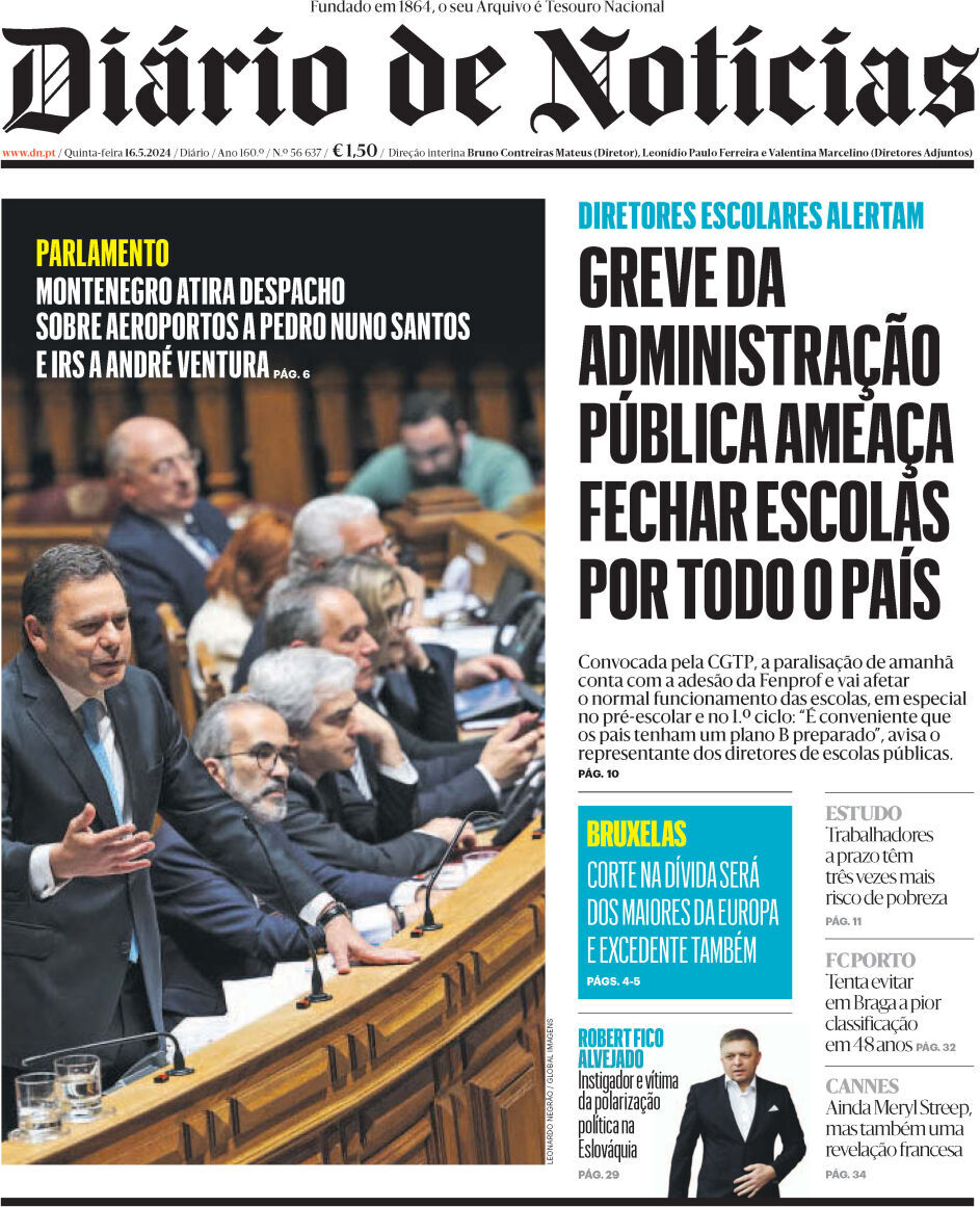 Di&aacute;rio de Not&iacute;cias: Capa da Edi&ccedil;&atilde;o de quinta-feira, 16 de maio 2024