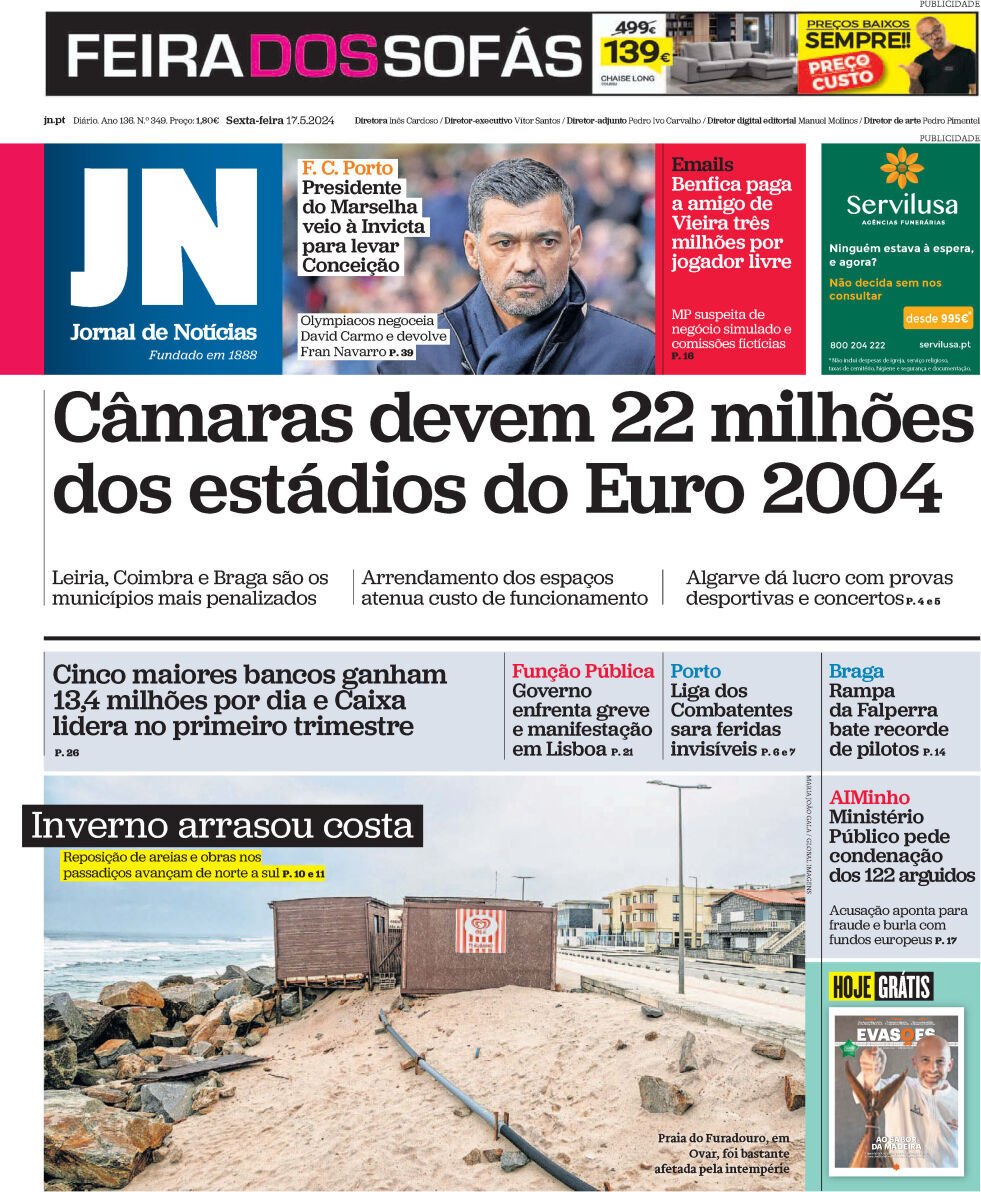 Jornal de Not&iacute;cias: Capa da Edi&ccedil;&atilde;o de sexta-feira, 17 de maio 2024