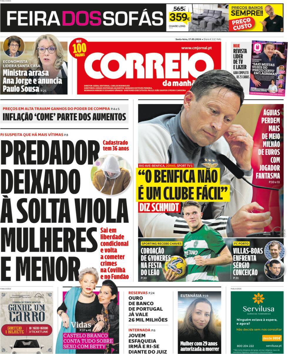 Correio da Manh&atilde;: Capa da Edi&ccedil;&atilde;o de sexta-feira, 17 de maio 2024