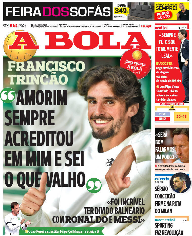 A Bola: Capa da Edi&ccedil;&atilde;o de sexta-feira, 17 de maio 2024