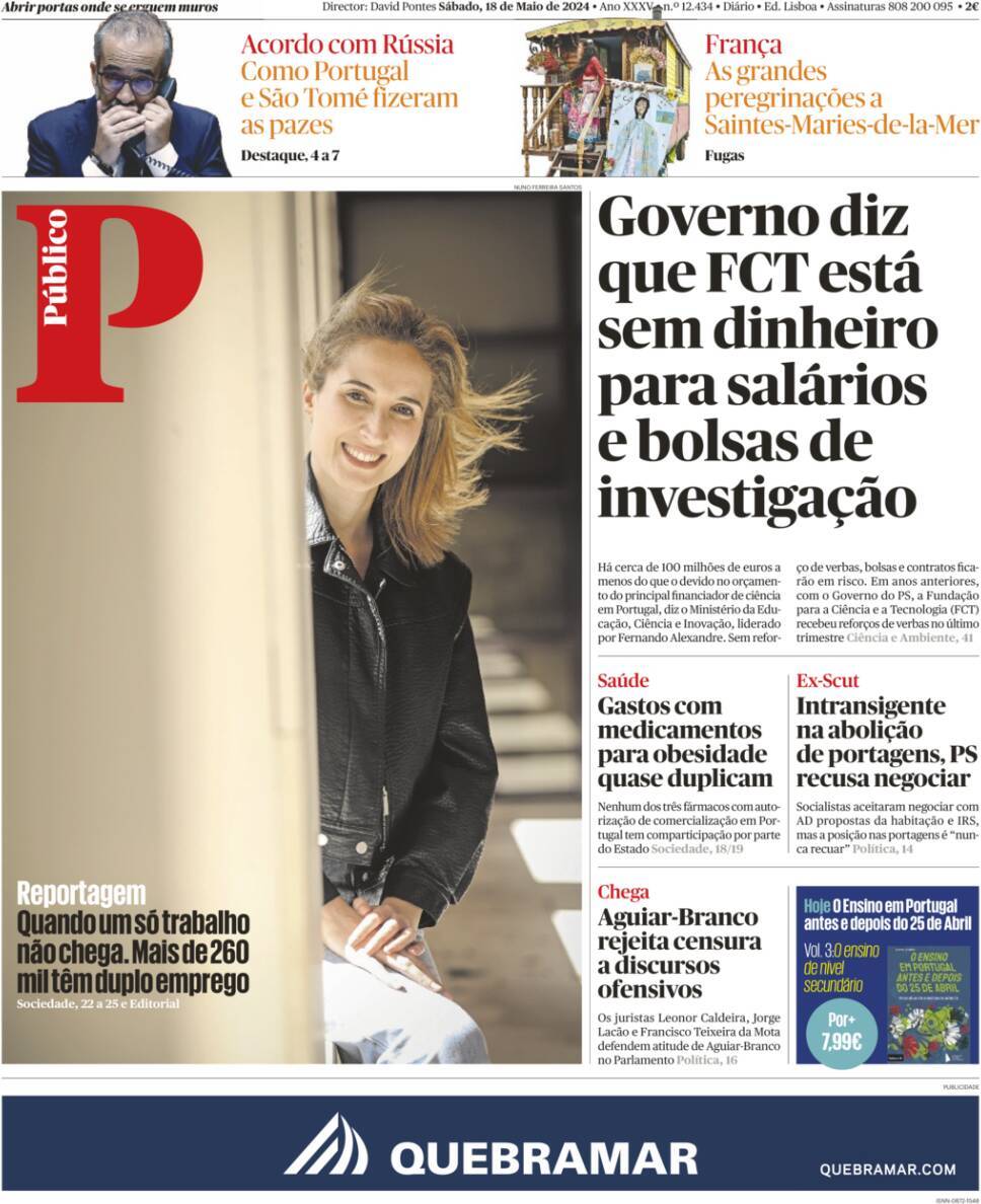 P&uacute;blico: Capa da Edi&ccedil;&atilde;o de s&aacute;bado, 18 de maio 2024