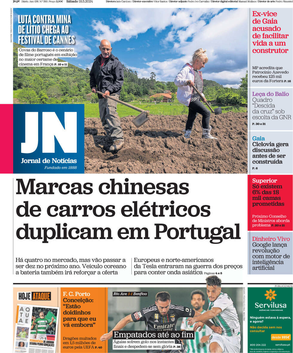 Jornal de Not&iacute;cias: Capa da Edi&ccedil;&atilde;o de s&aacute;bado, 18 de maio 2024