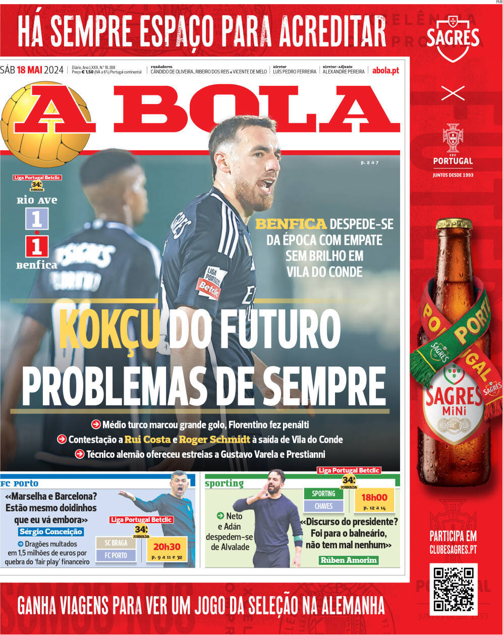 A Bola: Capa da Edi&ccedil;&atilde;o de s&aacute;bado, 18 de maio 2024
