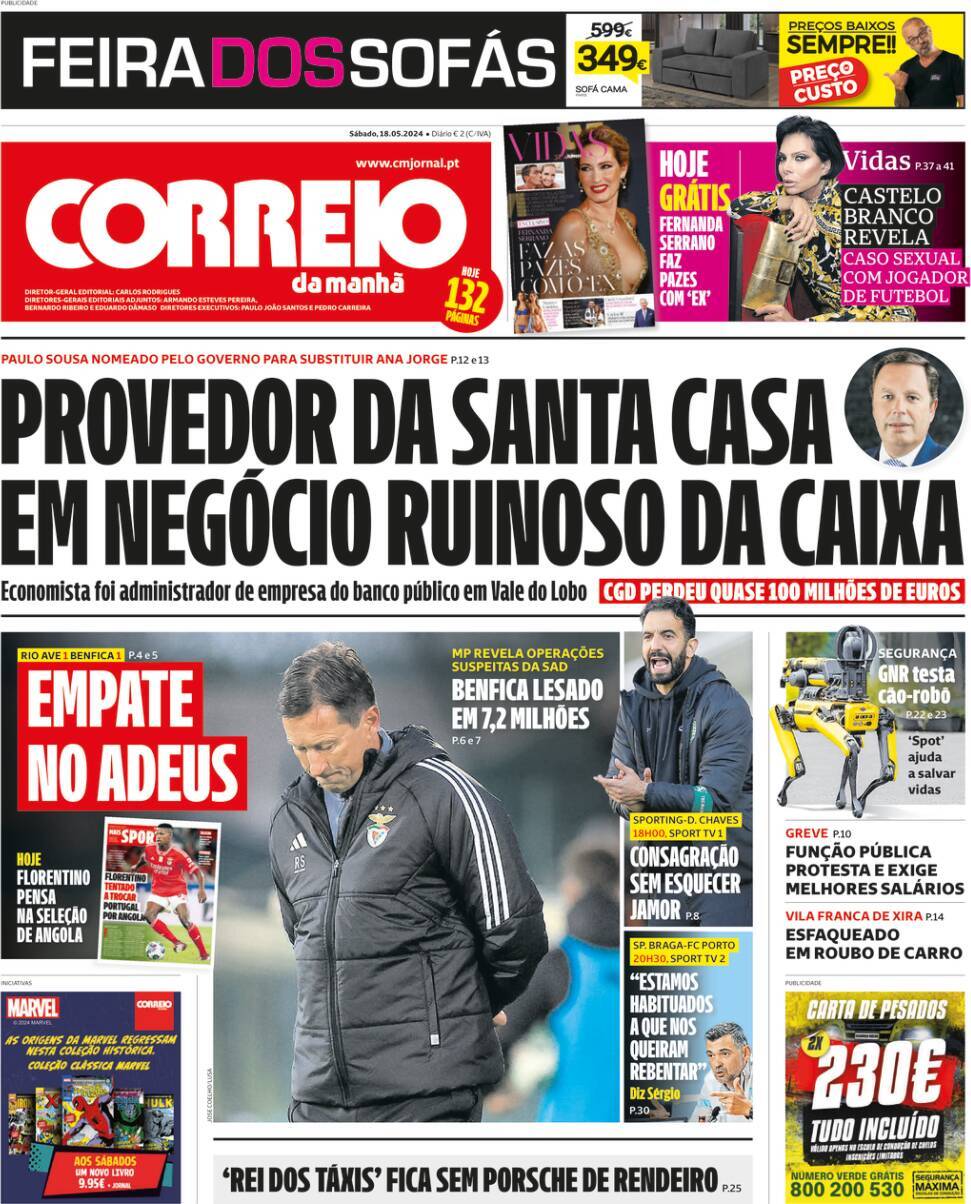 Correio da Manh&atilde;: Capa da Edi&ccedil;&atilde;o de s&aacute;bado, 18 de maio 2024