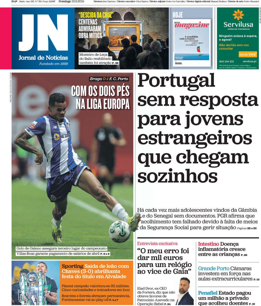 Jornal de Not&iacute;cias: Capa da Edi&ccedil;&atilde;o de domingo, 19 de maio 2024